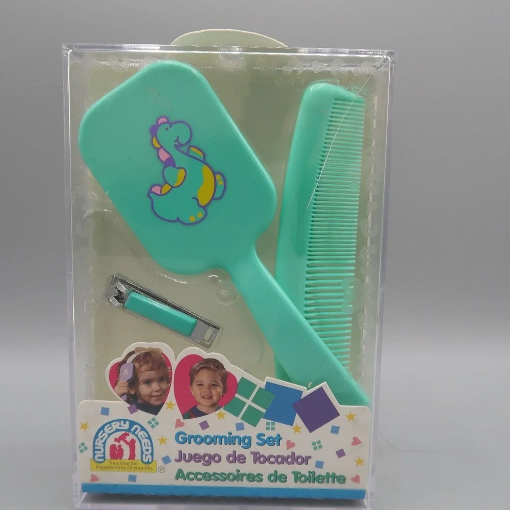 Vintage Child Green Dinosaur Vanity Set Comb Brush Nail Clipper Grooming Set